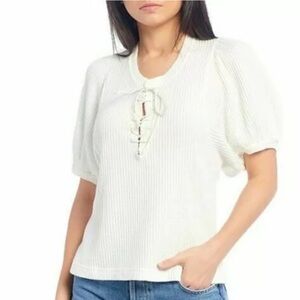 Free People FP One Hayden Thermal Waffle Knit Puff Sleeve Pullover Cotton Top L